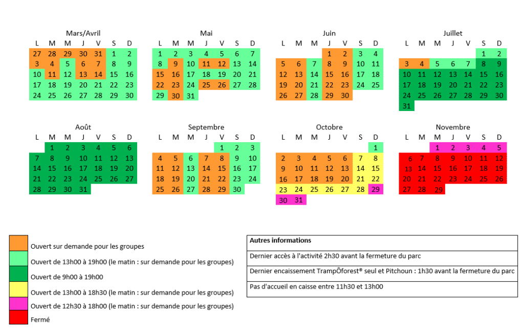 calendrier avec les horaires d'ouverture par jour